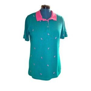The Quacker Factory Polo Womens Large Green Pink Pineapple 90s Vintage Shirt